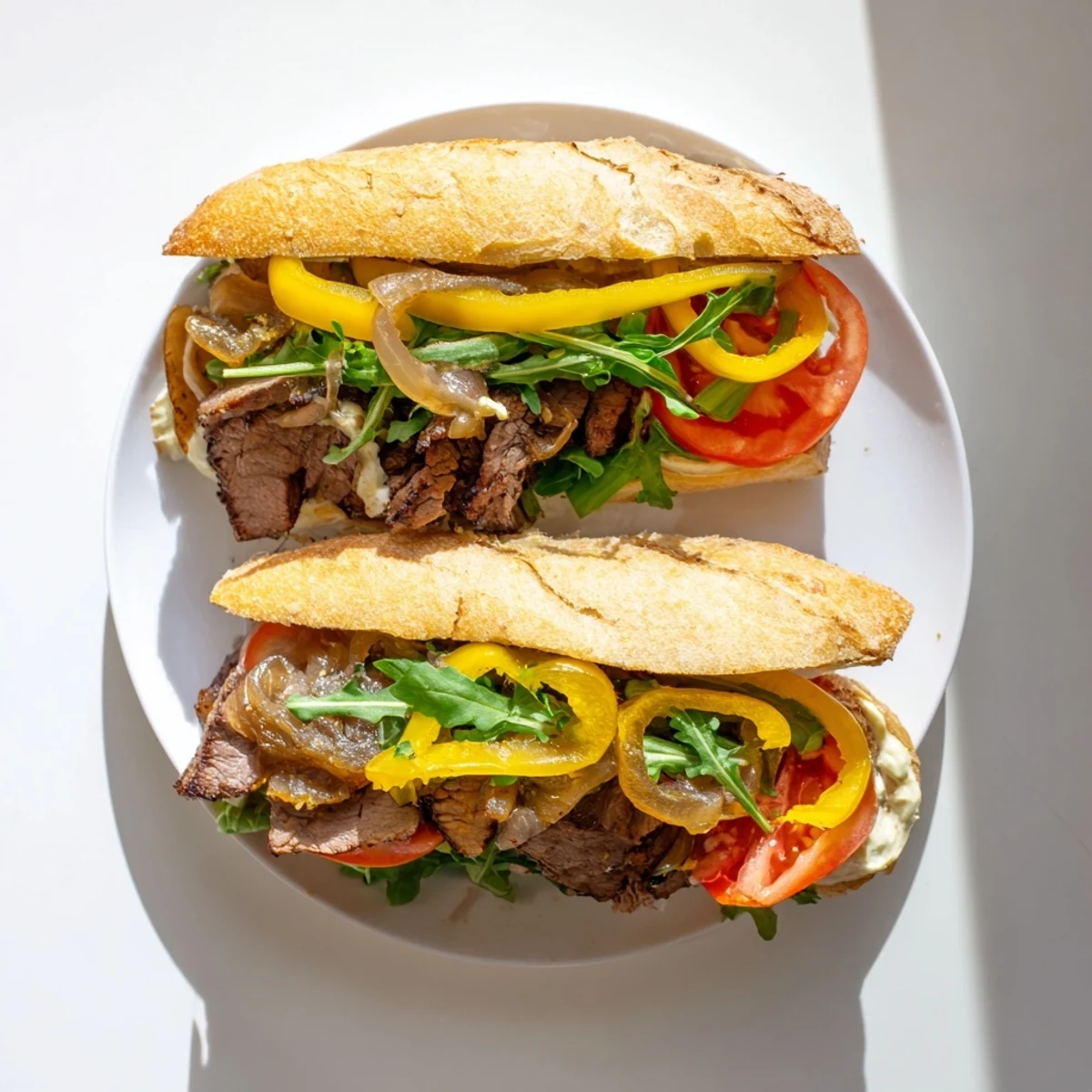 Golden seared steak sandwich piled high with caramelized onions and melted provolone cheese on toasted crusty bread