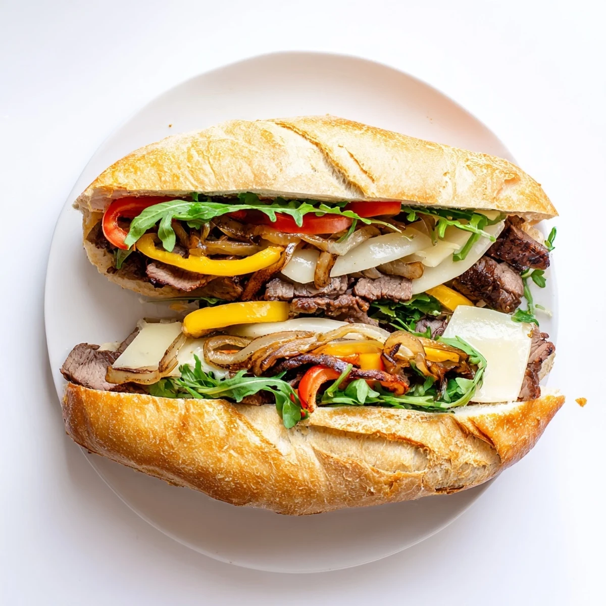Hearty steak sandwich featuring juicy ribeye slices, crisp arugula, and sautéed peppers in a warm toasted roll