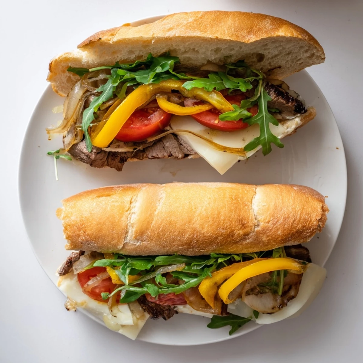 Sliced beef steak sandwich layered with Swiss cheese, fresh tomatoes, and dijon mayo on a buttered baguette