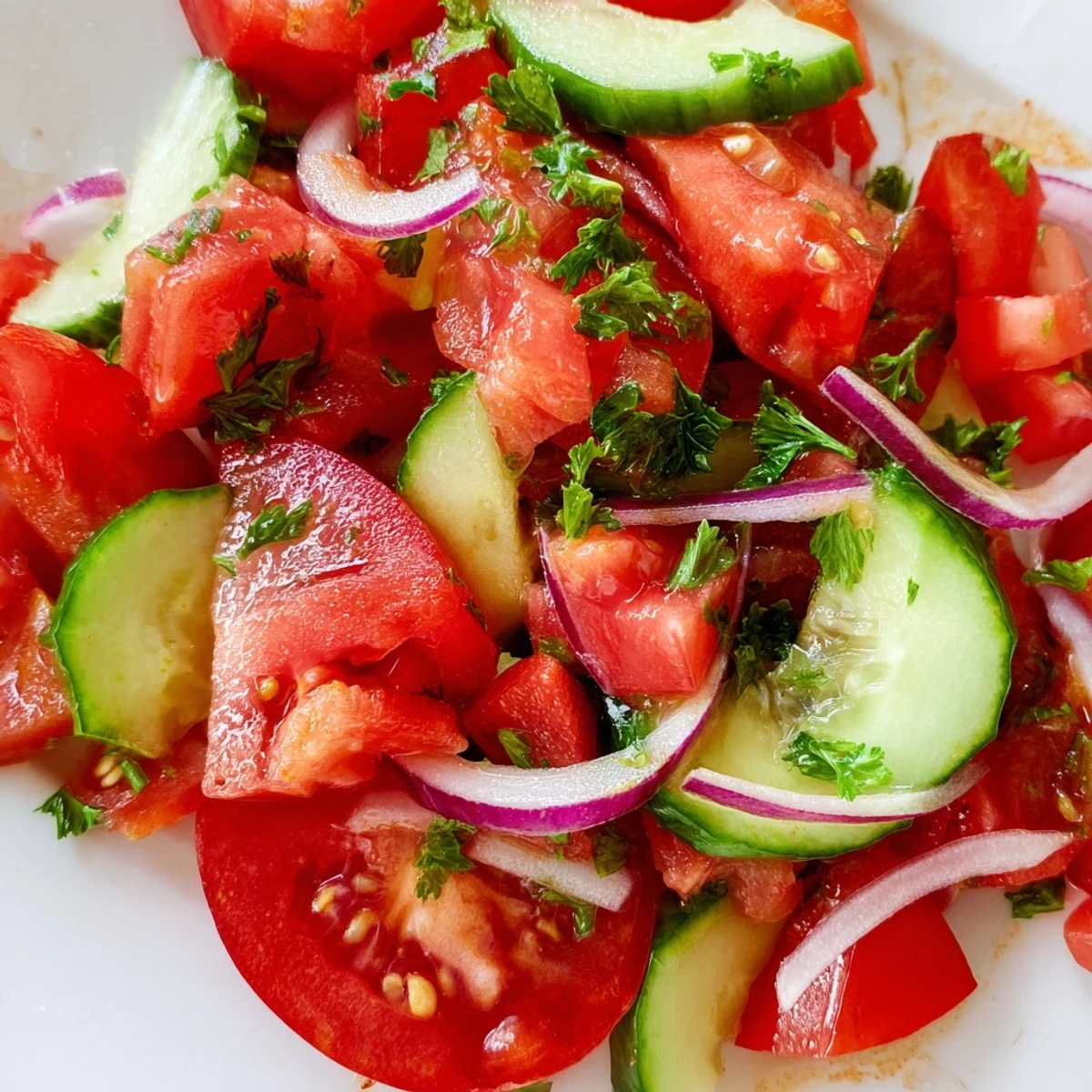 Fresh tomato cucumber onion salad tossed in light vinaigrette with chopped parsley garnish