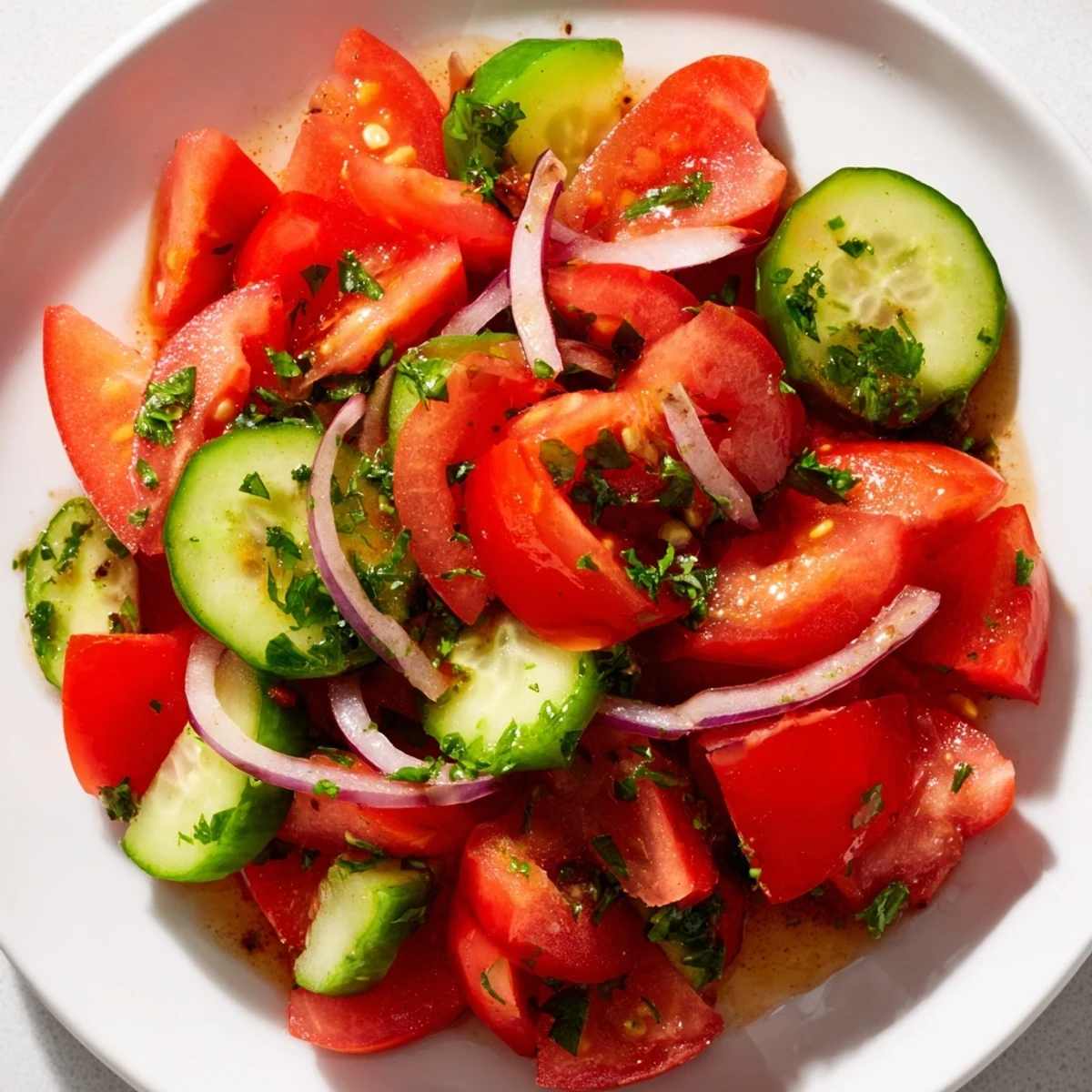 Crisp cucumber and ripe tomato salad with tangy red onions in olive oil dressing