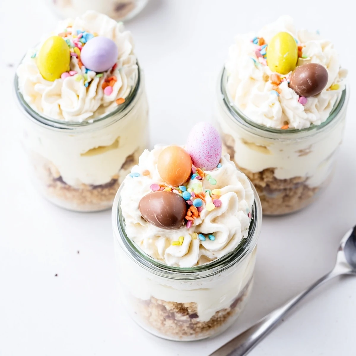 Easter Egg Cheesecake Jars layered with golden cookie crust, creamy filling, and colorful chocolate eggs