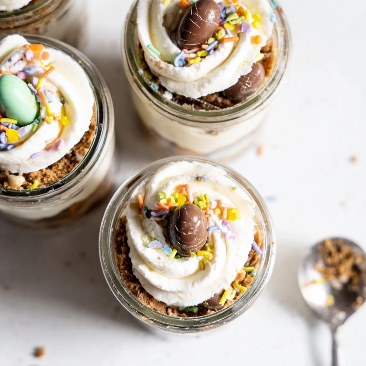 Festive Easter Egg Cheesecake Jars topped with whipped cream, sprinkles, and pastel candy eggs