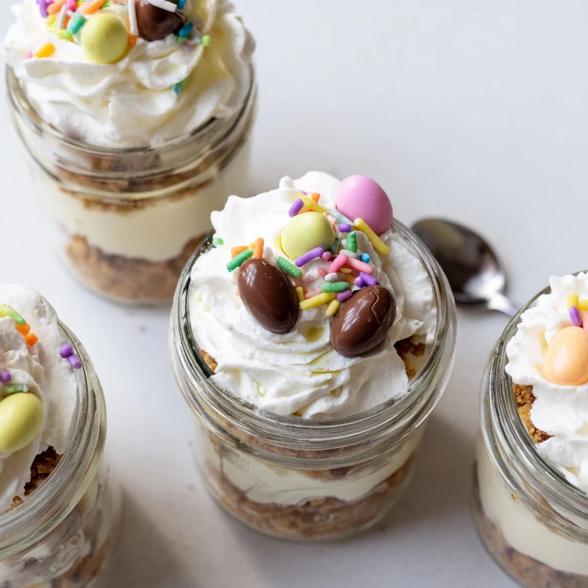 Individual Easter Egg Cheesecake Jars revealing hidden chocolate eggs in smooth white cheesecake layers