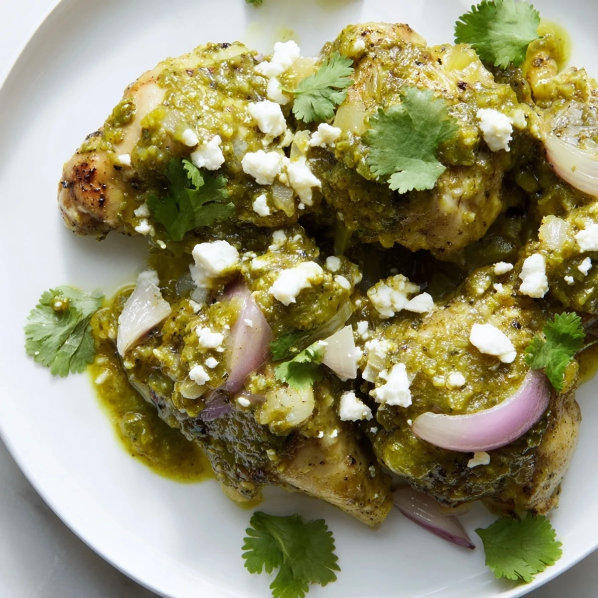 Tender salsa verde chicken breasts simmered in vibrant green sauce with melted cheese and fresh cilantro garnish.