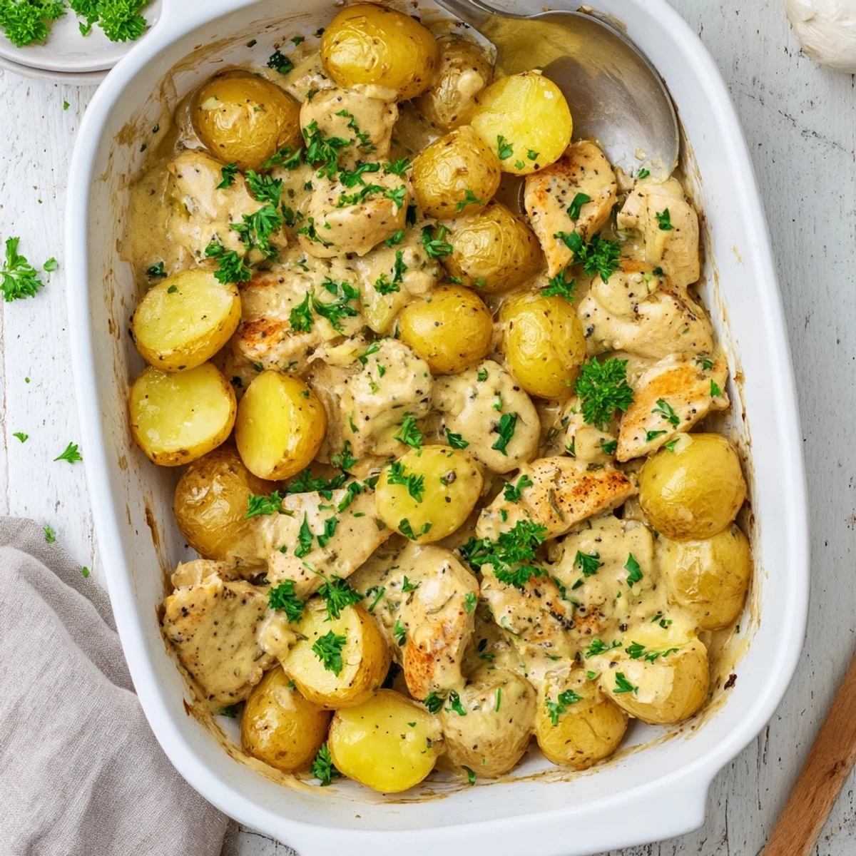 Golden chicken breasts and baby potatoes swimming in rich garlic Parmesan cream sauce
