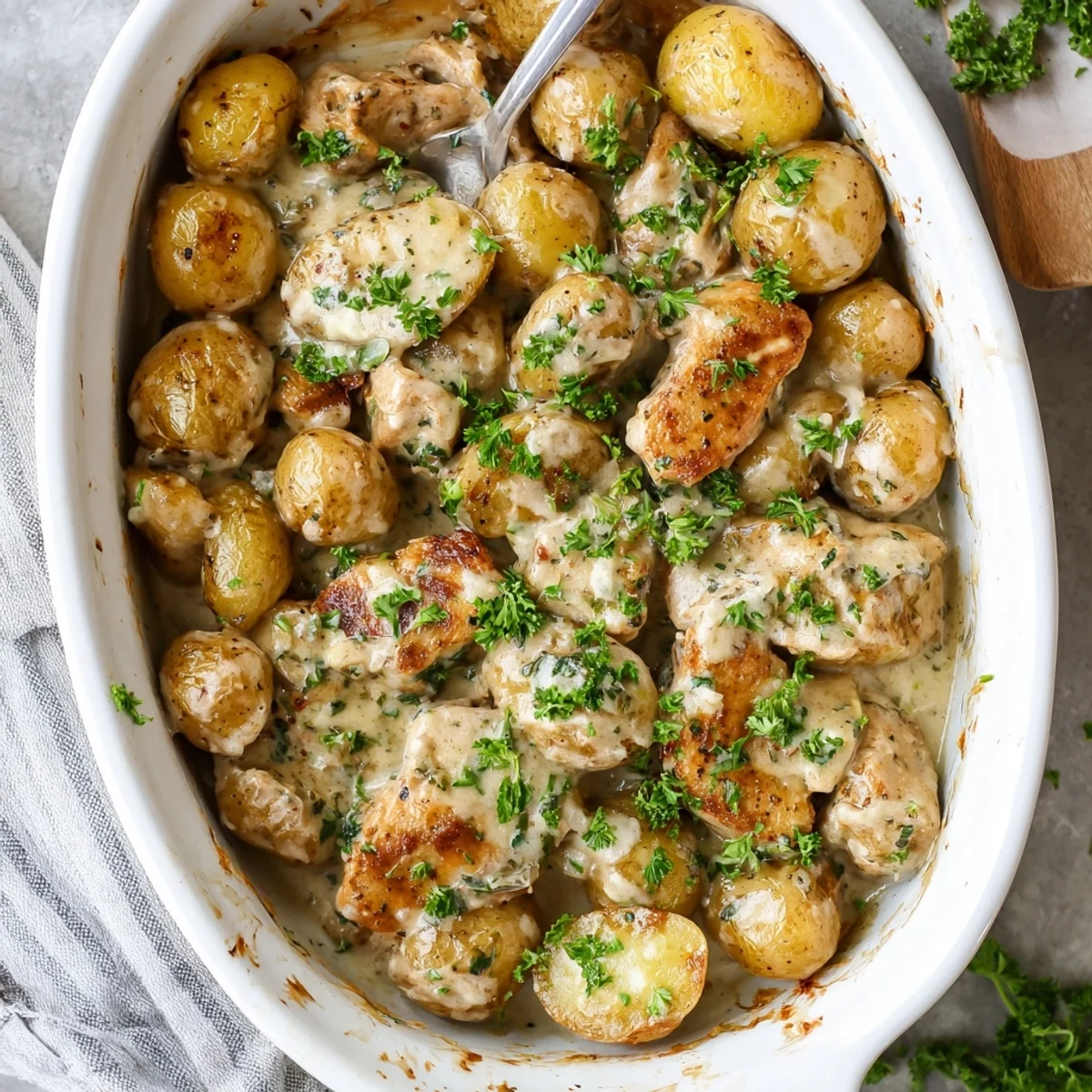 Tender chicken paired with roasted potatoes in a creamy Parmesan garlic sauce finished with herbs