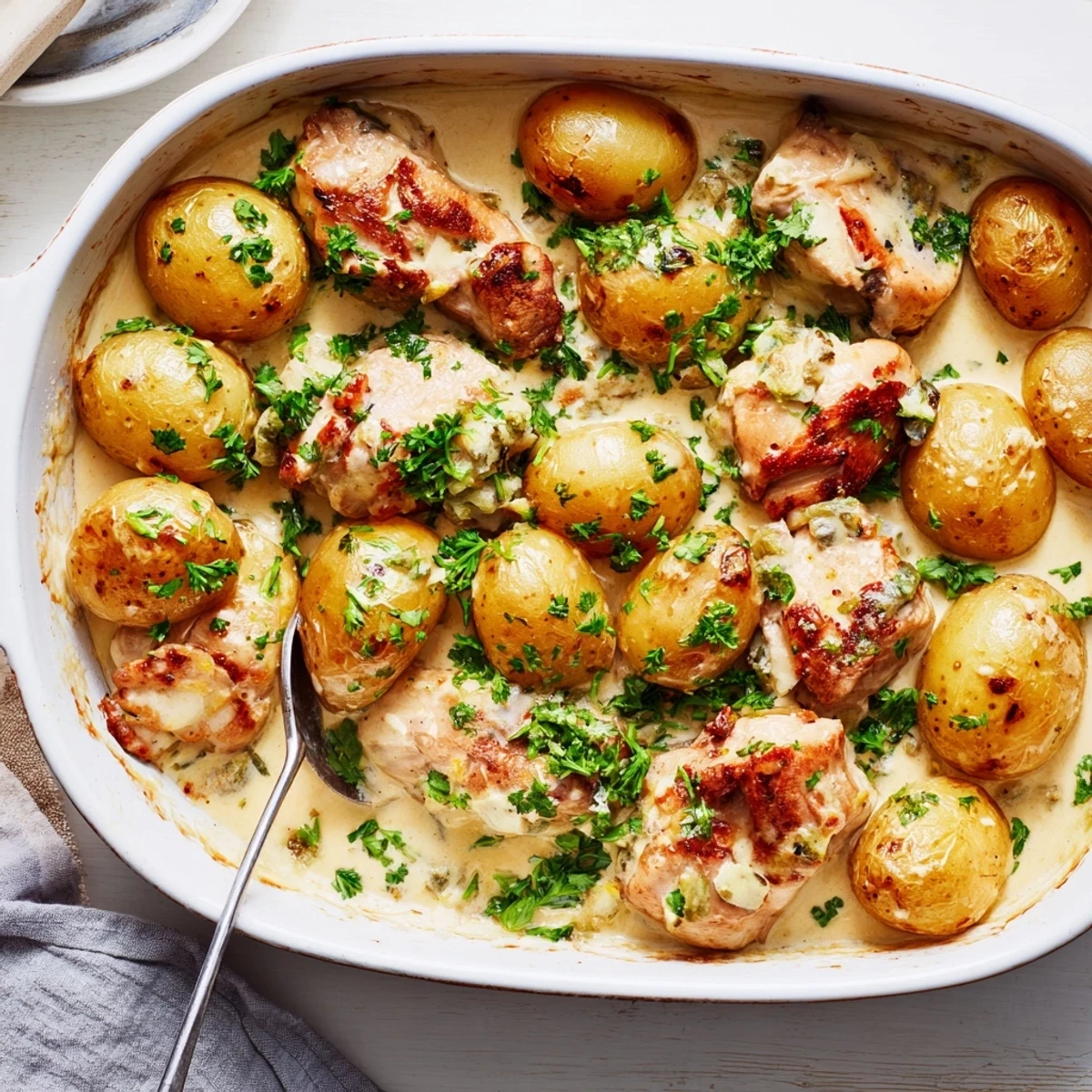 Baked chicken and potatoes dish topped with velvety white sauce and fresh parsley garnish