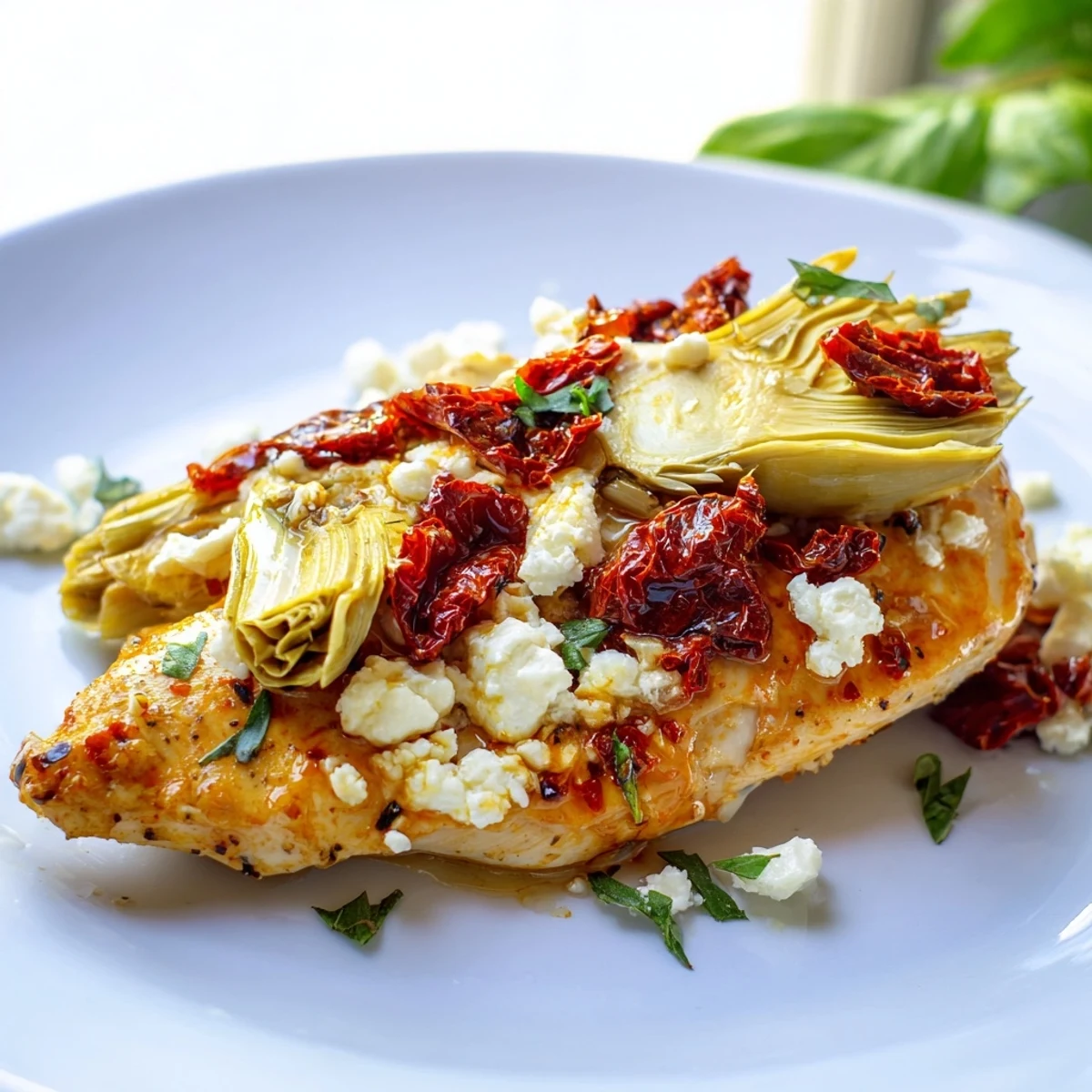Golden broiled artichoke chicken topped with melted feta and fresh herbs