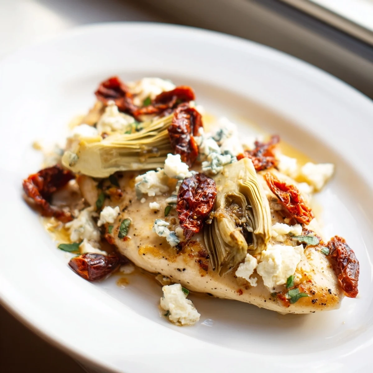 Mediterranean-style chicken breasts with artichoke hearts and crumbled feta cheese