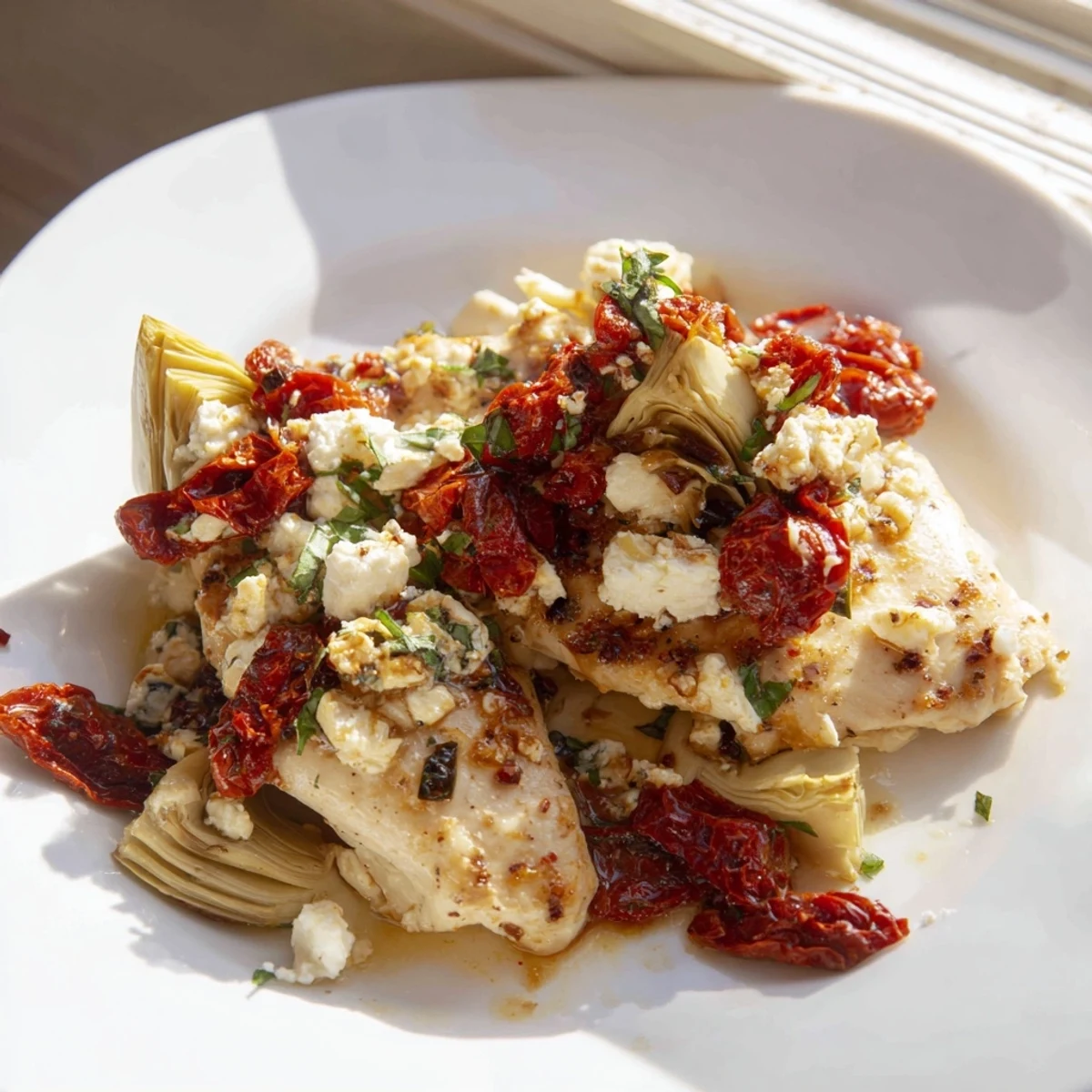 Tender broiled chicken featuring marinated artichokes and tangy feta topping