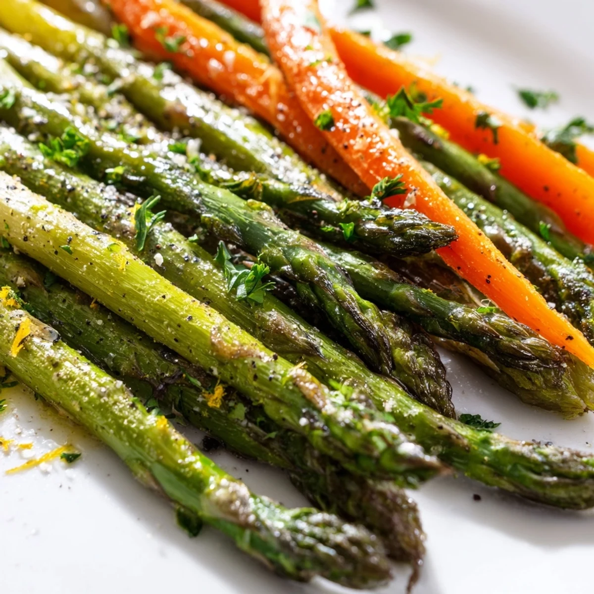 Tender roasted asparagus and carrot sticks with caramelized edges and fresh parsley garnish