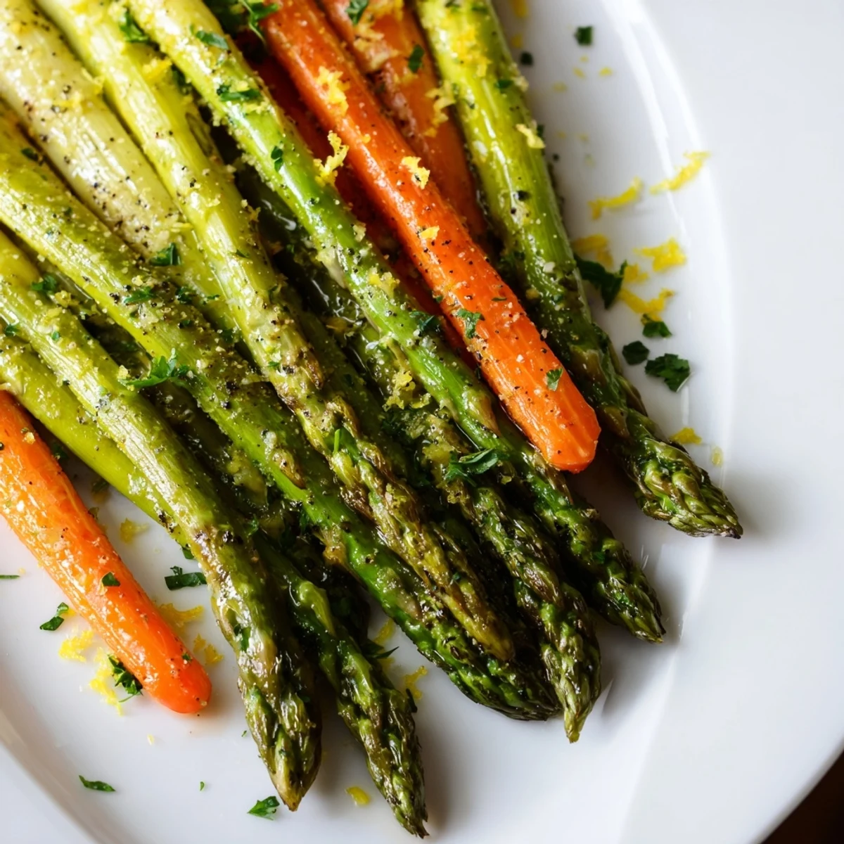 Golden roasted asparagus and carrots seasoned with herbs and olive oil on a white serving platter