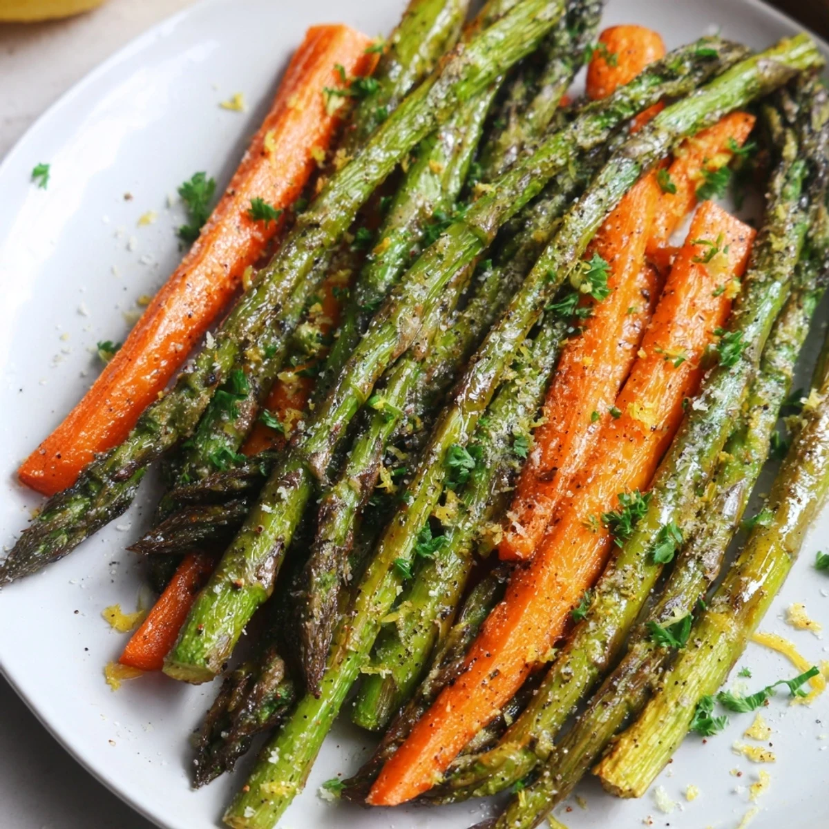 Colorful vegetable side dish of roasted asparagus and carrots arranged on a parchment-lined baking sheet