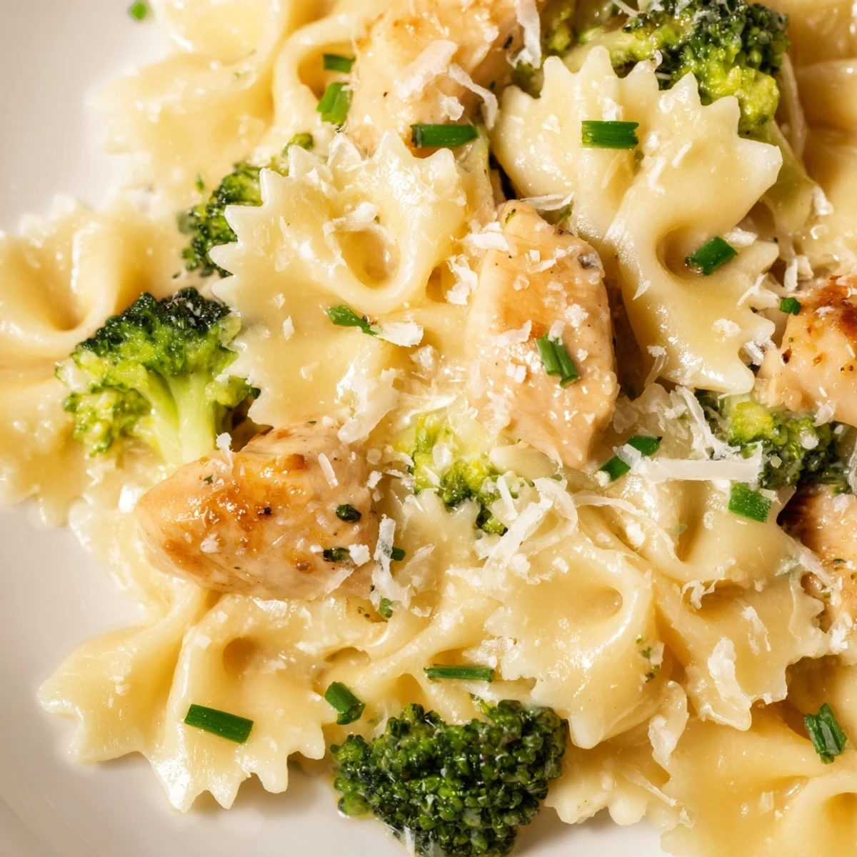 Vibrant dinner plate of savory chicken broccoli bowtie pasta coated in citrusy garlic butter sauce topped with fresh parsley and chives