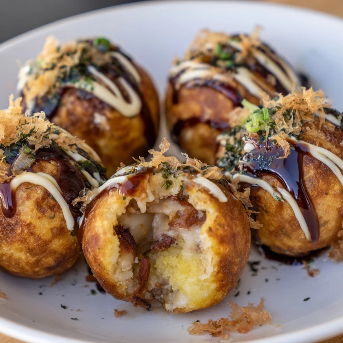 Golden-brown Takoyaki balls drizzled with savory sauce and topped with dancing bonito flakes