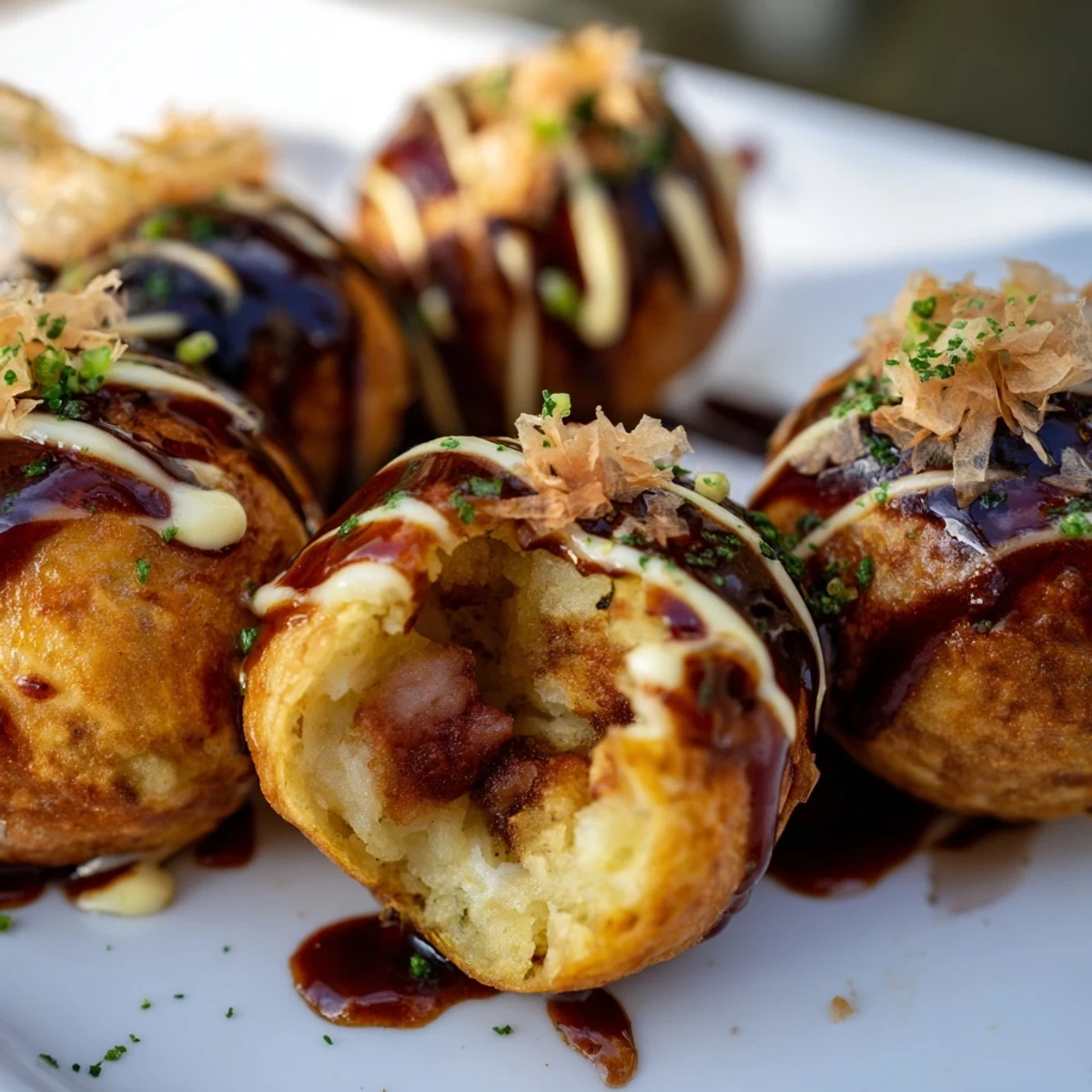 Steaming Takoyaki appetizer brushed with mayonnaise and sprinkled with dried seaweed flakes