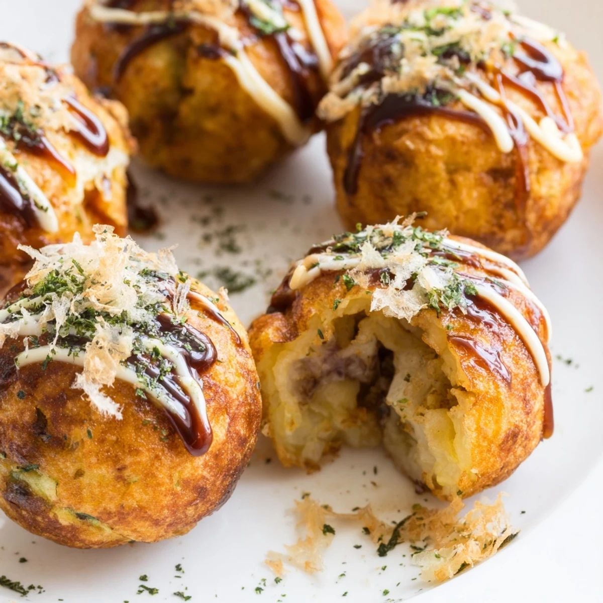 Crispy Japanese Takoyaki filled with tender octopus pieces served hot on a plate