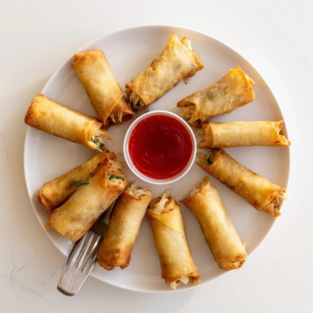 Plate of crispy crab Rangoon egg rolls served hot for party appetizer dipping