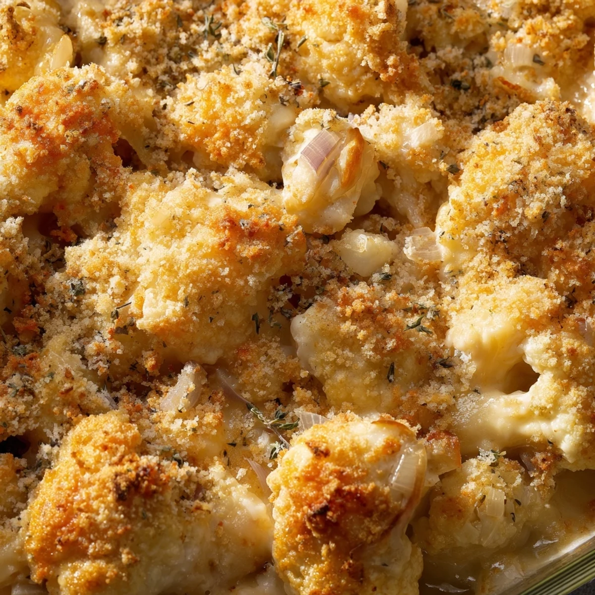 Golden baked cauliflower casserole with melted cheddar cheese and crispy panko breadcrumb topping