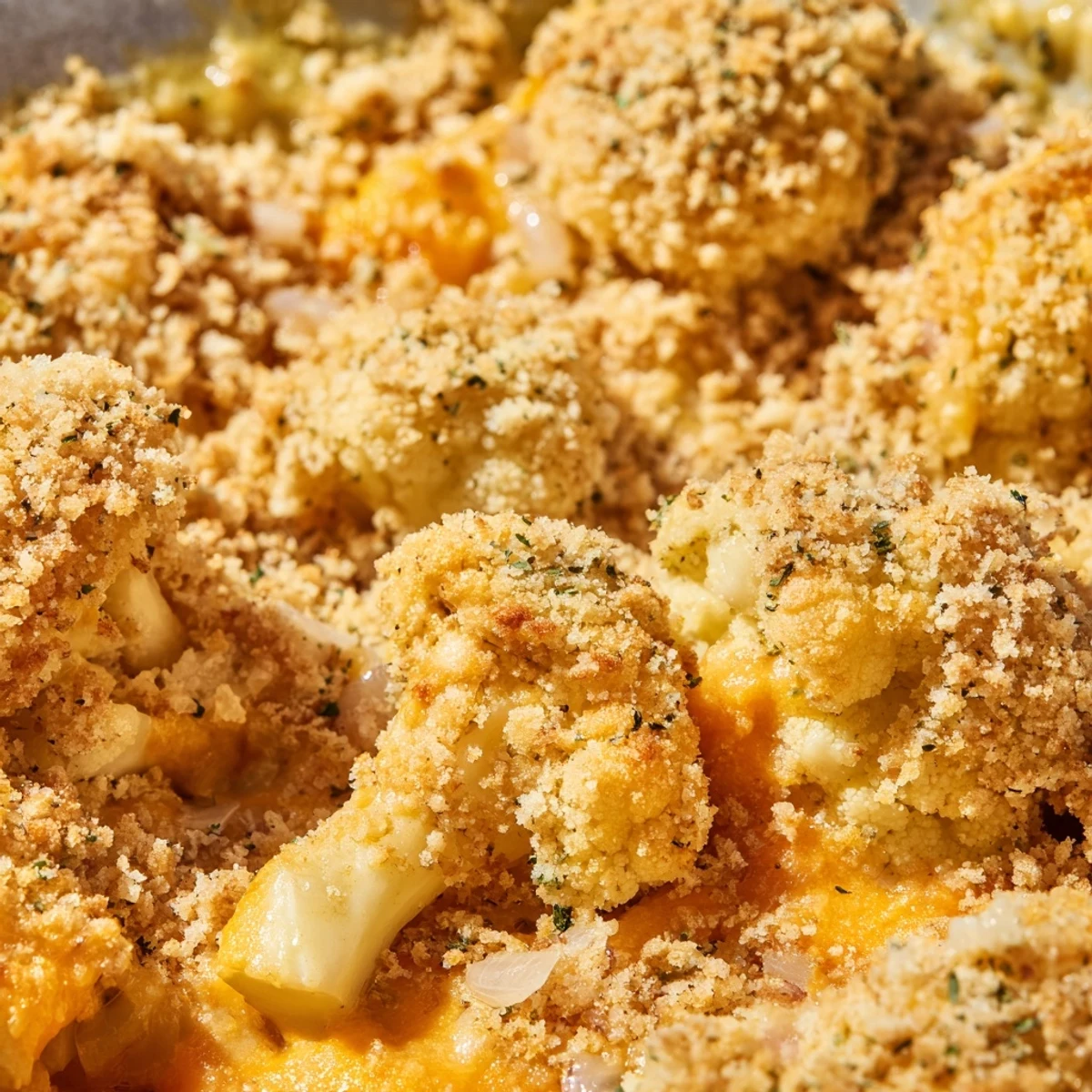Hearty cauliflower casserole dish topped with golden Parmesan breadcrumbs and shredded cheddar cheese