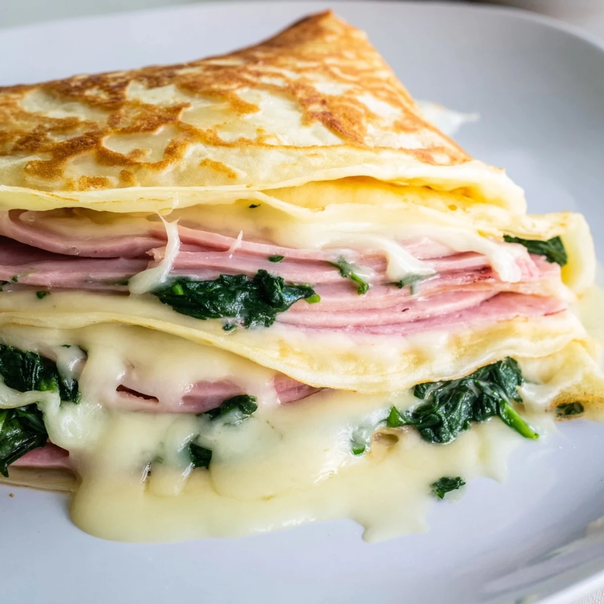 Thin French savory crepes rolled with creamy filling and garnished with fresh baby spinach leaves.