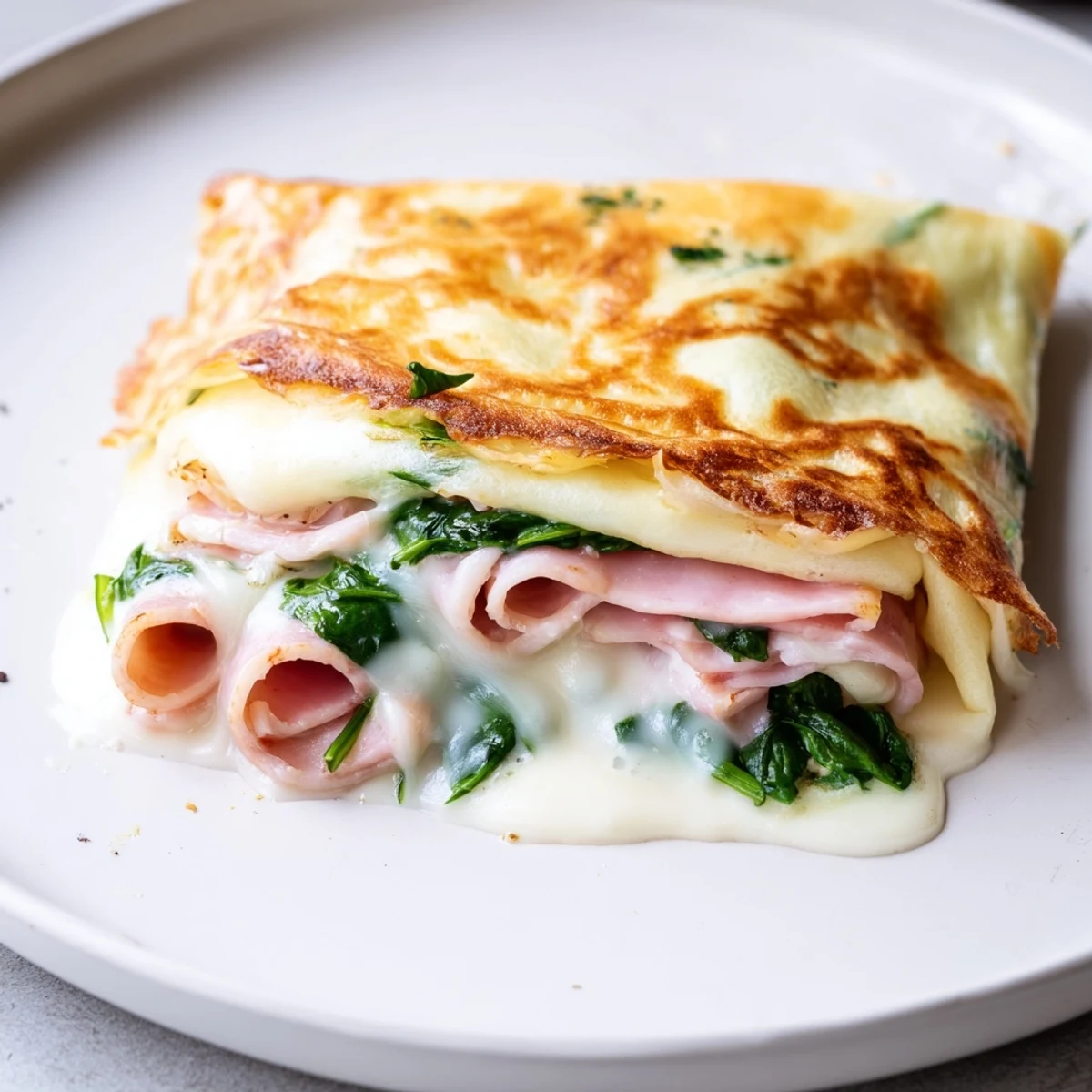 Golden savory crepes filled with melted Gruyère cheese, spinach, and ham on a white plate.