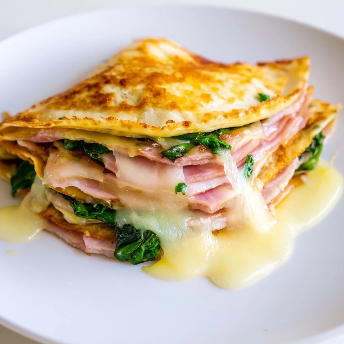 Baked savory crepes overflowing with cheese and ham, served hot for a comforting brunch meal.