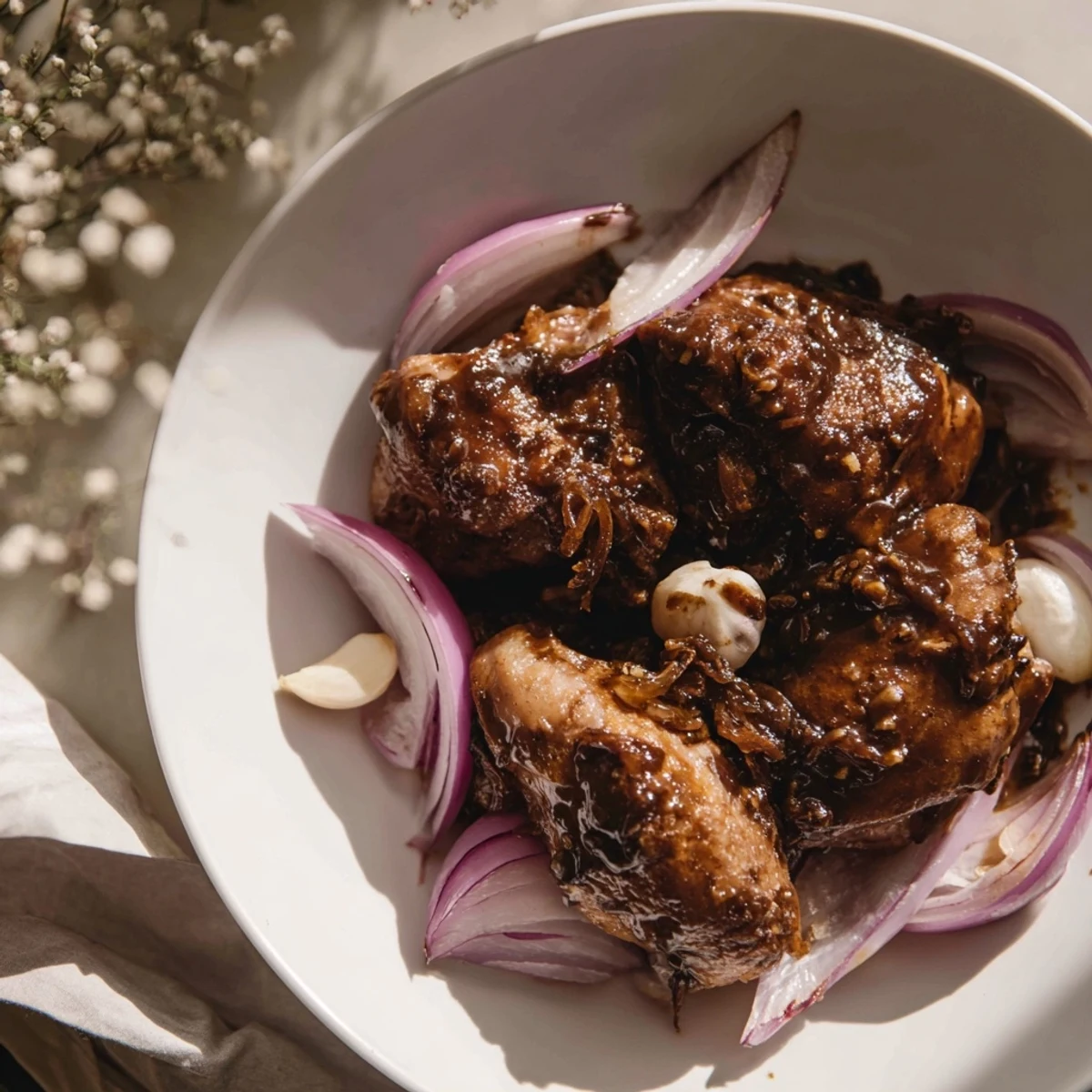 Golden chicken thighs nestled in a rich, glossy balsamic glaze with tender caramelized onions