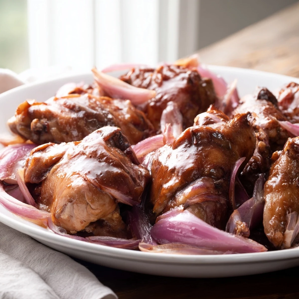 Succulent chicken thighs slow-cooked to perfection in a sweet balsamic reduction garnished with fresh green parsley