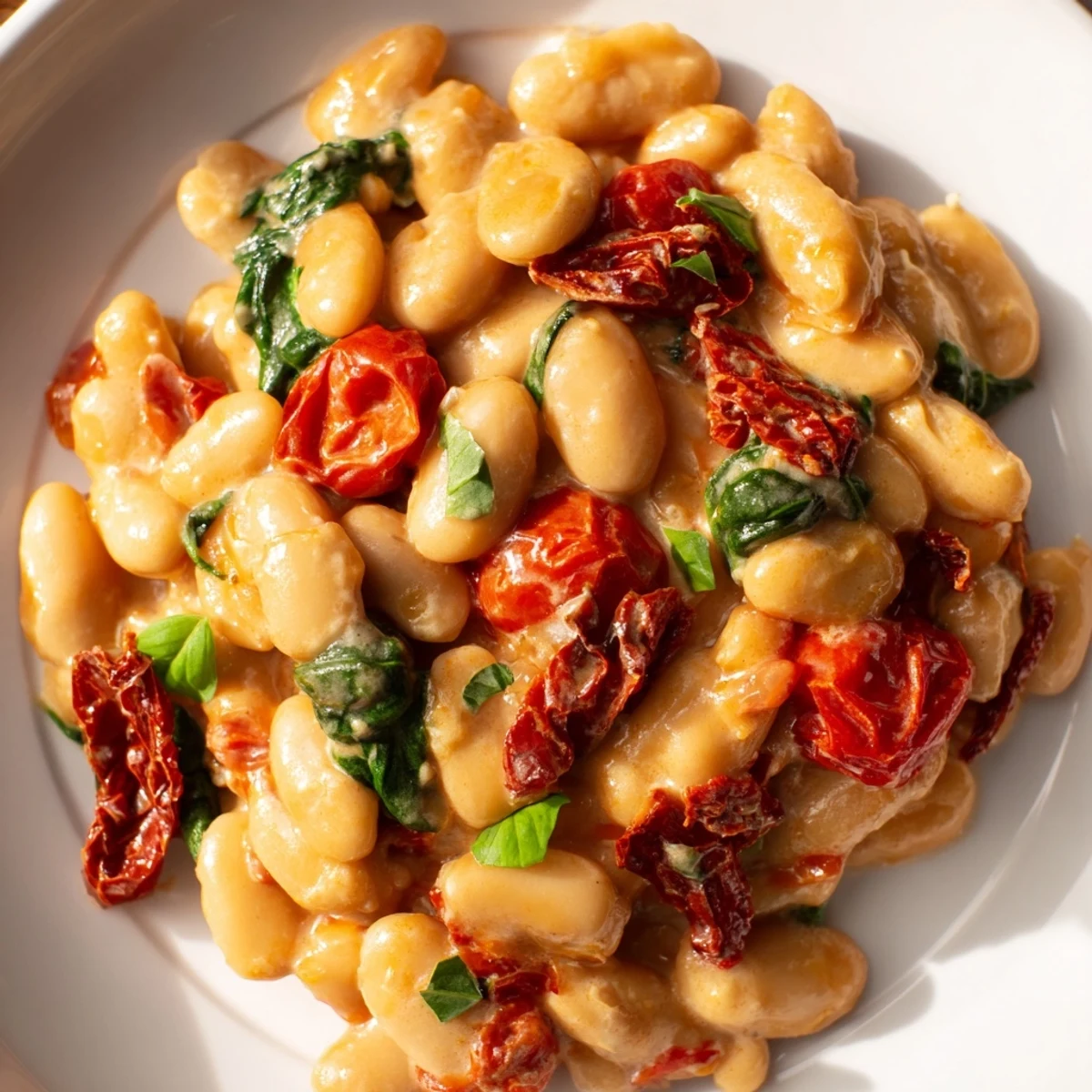 Creamy Greek yogurt marry me butter beans in rich tomato sauce with fresh basil garnish