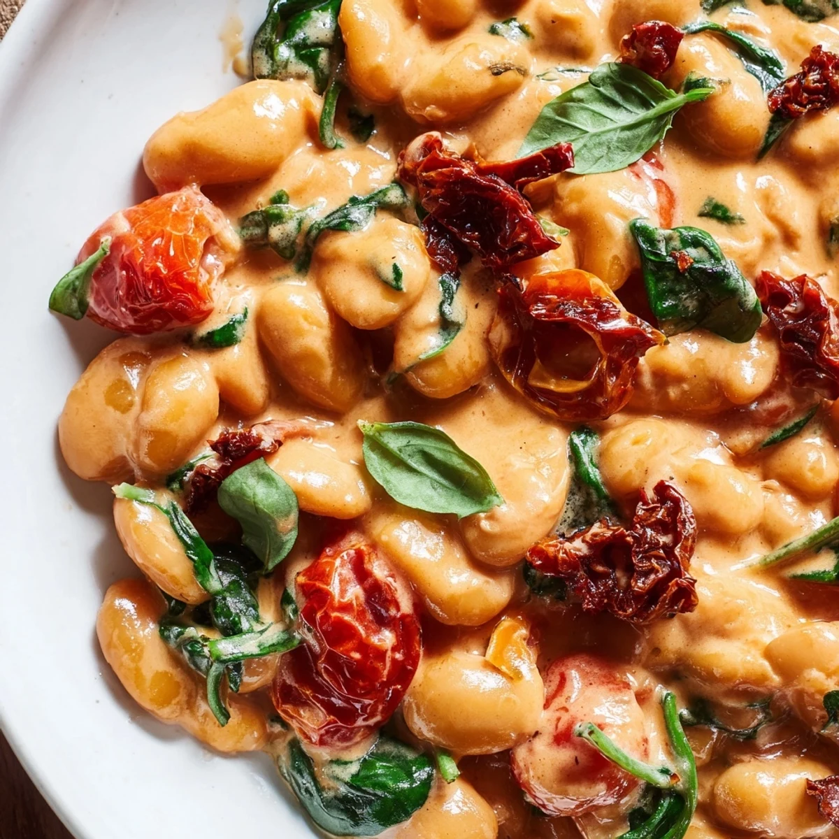 Golden skillet of Greek yogurt marry me butter beans simmered with sun-dried tomatoes and spinach