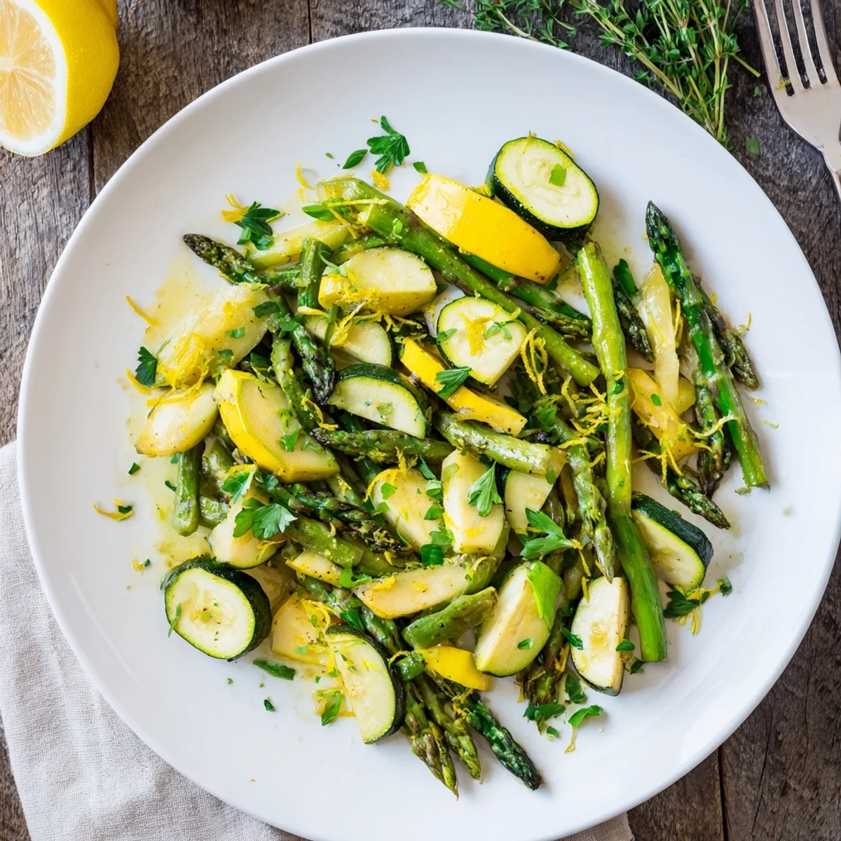 Vibrant Mediterranean vegetable medley featuring tender asparagus, zucchini, and squash cooked with garlic and aromatic herbs