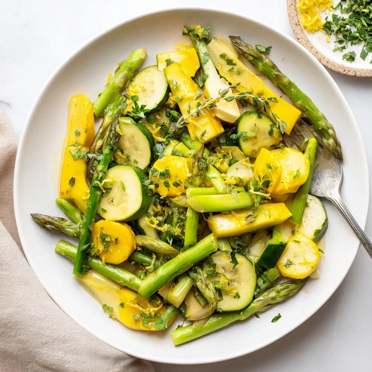 Colorful plate of flavorful asparagus with zucchini and squash, a healthy low-carb side dish ready to serve