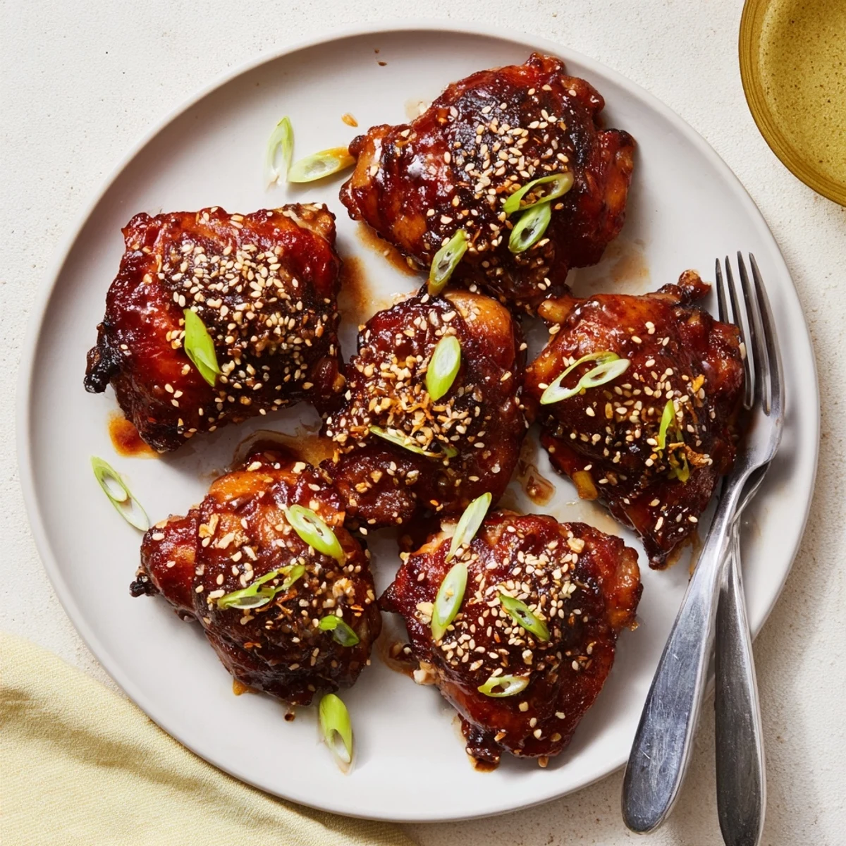Golden roasted garlic miso chicken thighs glazed with caramelized edges and garnished with sesame seeds