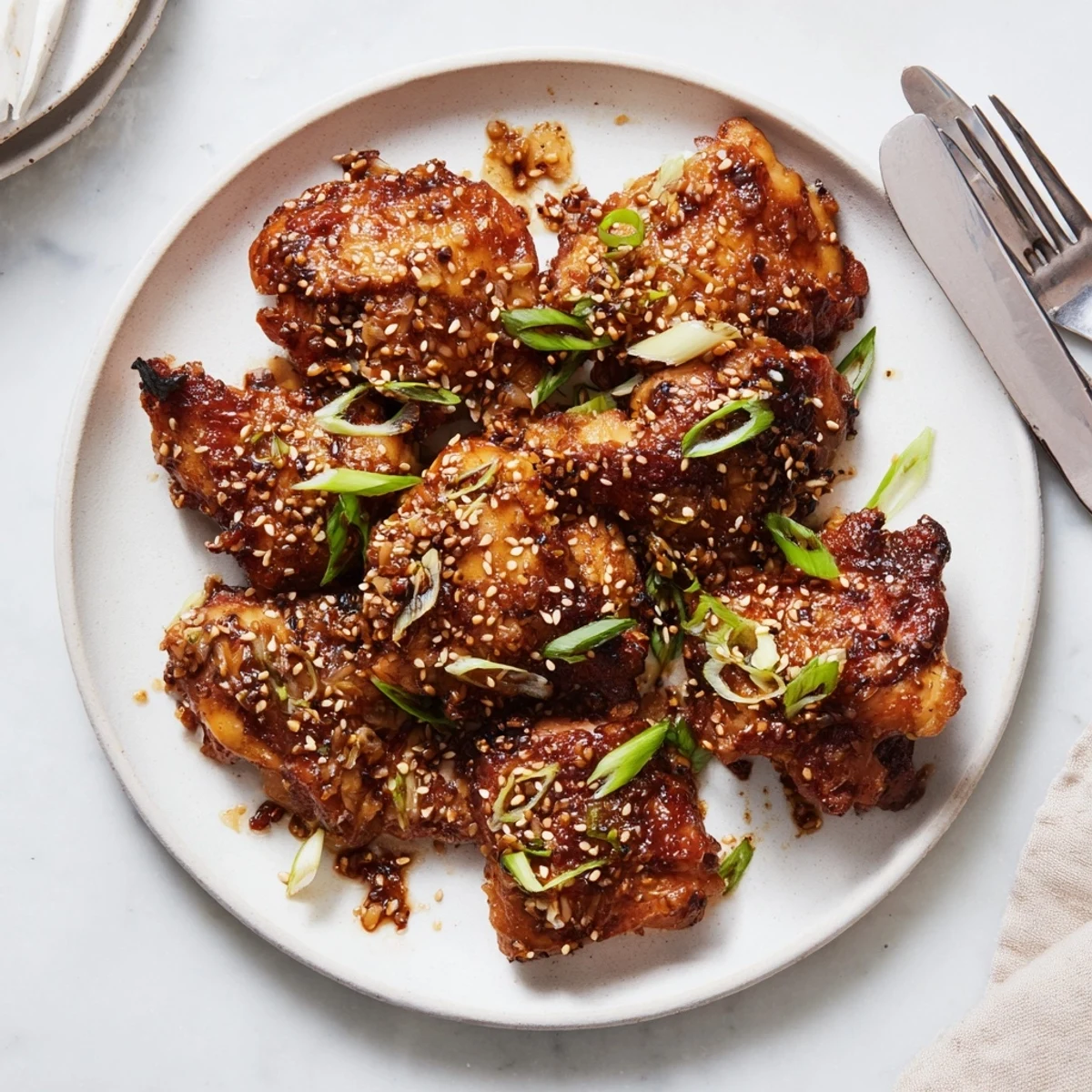 Tender juicy chicken thighs marinated in savory garlic miso sauce oven roasted to perfection