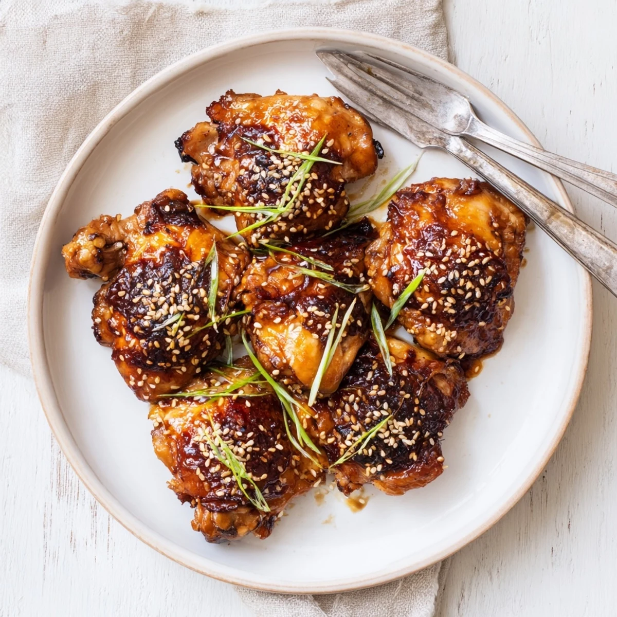 Japanese-inspired garlic miso chicken serving plated with steamed rice and fresh spring onion garnish