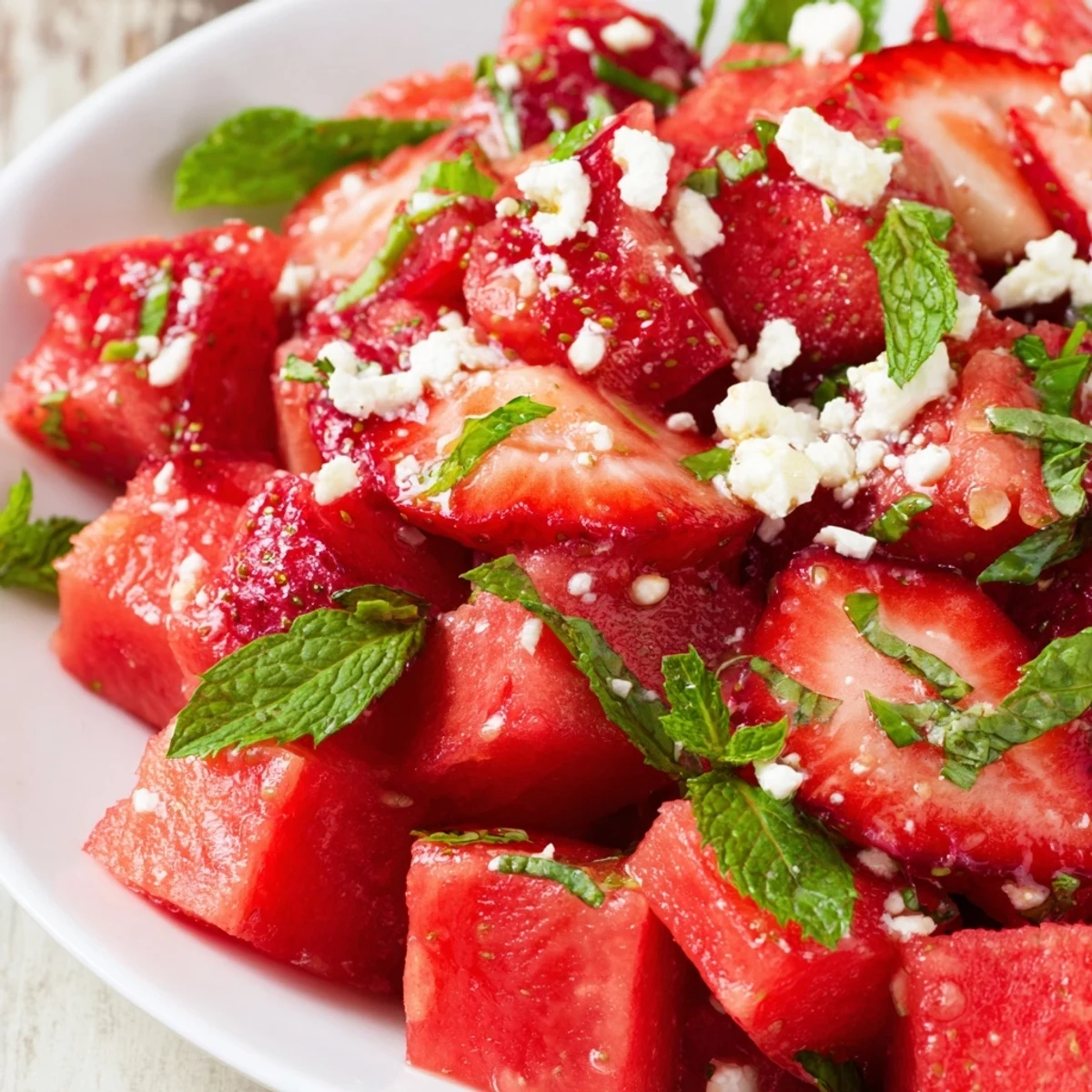 Fresh strawberry watermelon salad with honey lime vinaigrette glistening in a white serving bowl
