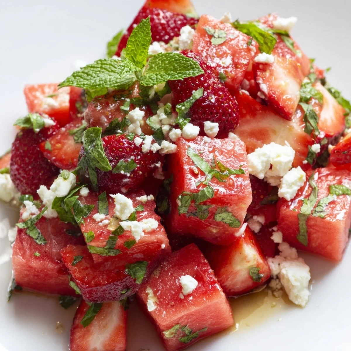 Colorful summer strawberry watermelon salad drizzled with tangy honey lime dressing and fresh mint garnish