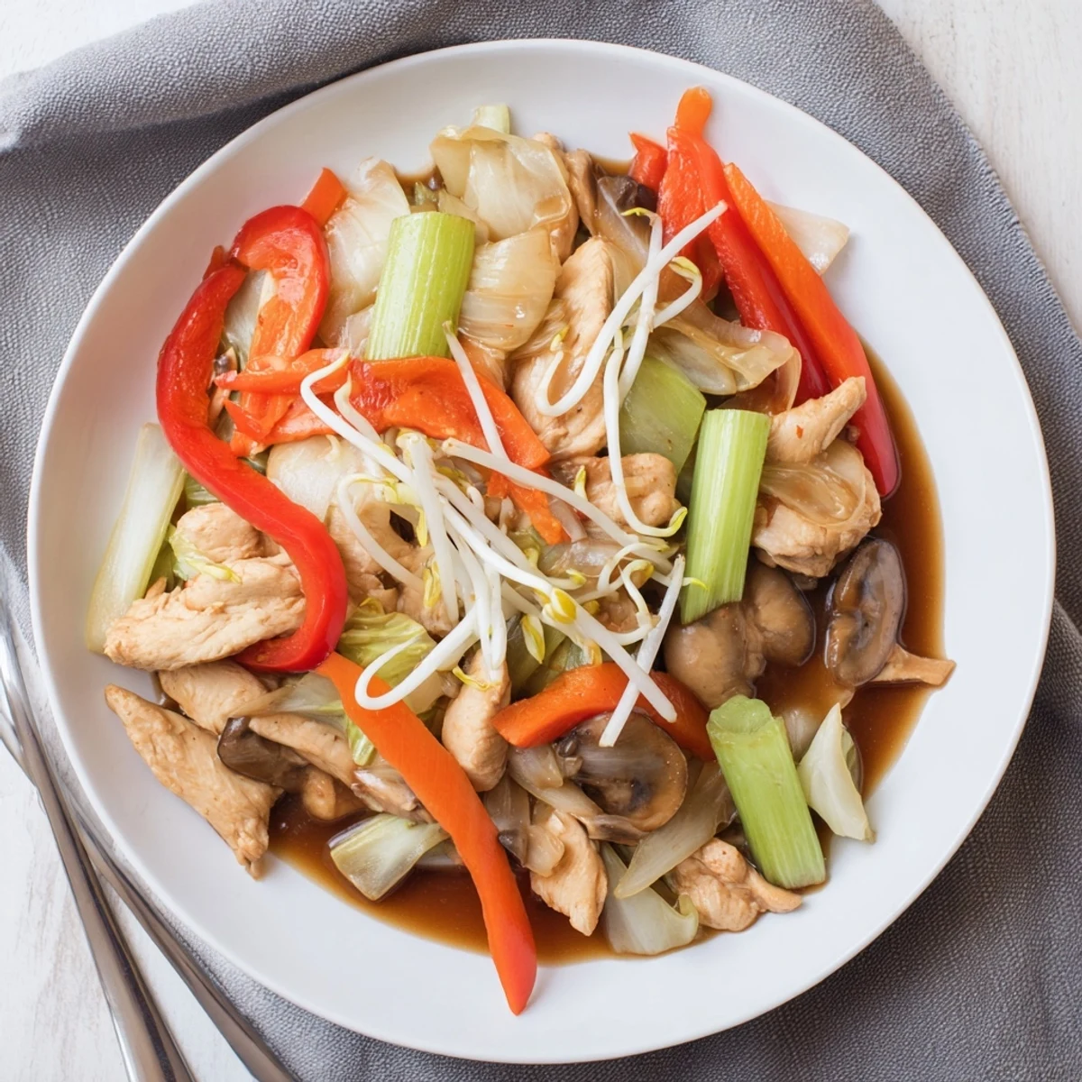 Colorful Chop Suey stir-fry with tender chicken and crisp vegetables in savory glossy sauce