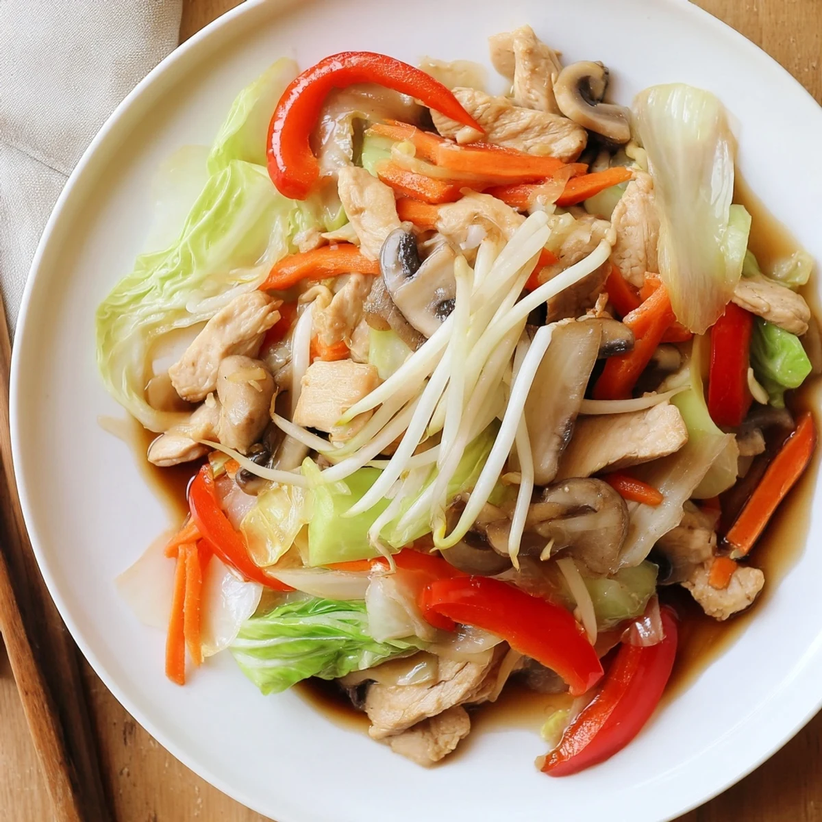 Sizzling Chop Suey in a wok with julienned carrots celery mushrooms and sliced chicken breast