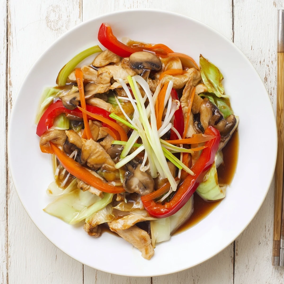 Steamy bowl of Chop Suey served over white rice featuring vibrant bell peppers and bean sprouts