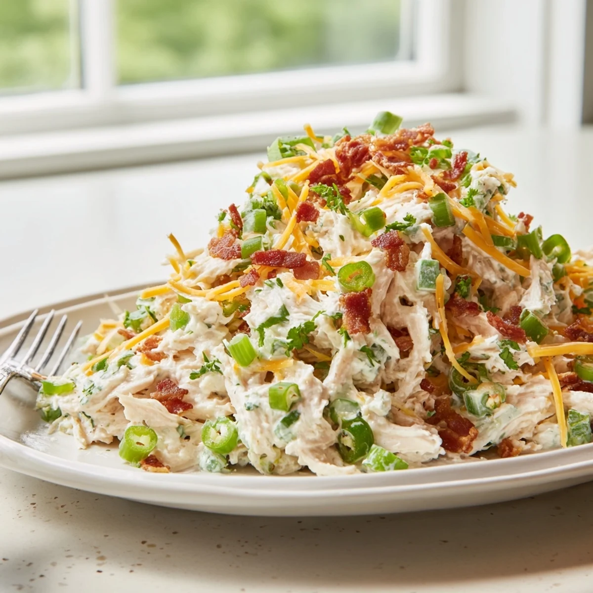 Scoop of zesty jalapeno popper cottage cheese chicken salad served on crisp green lettuce leaves for a refreshing gluten-free lunch