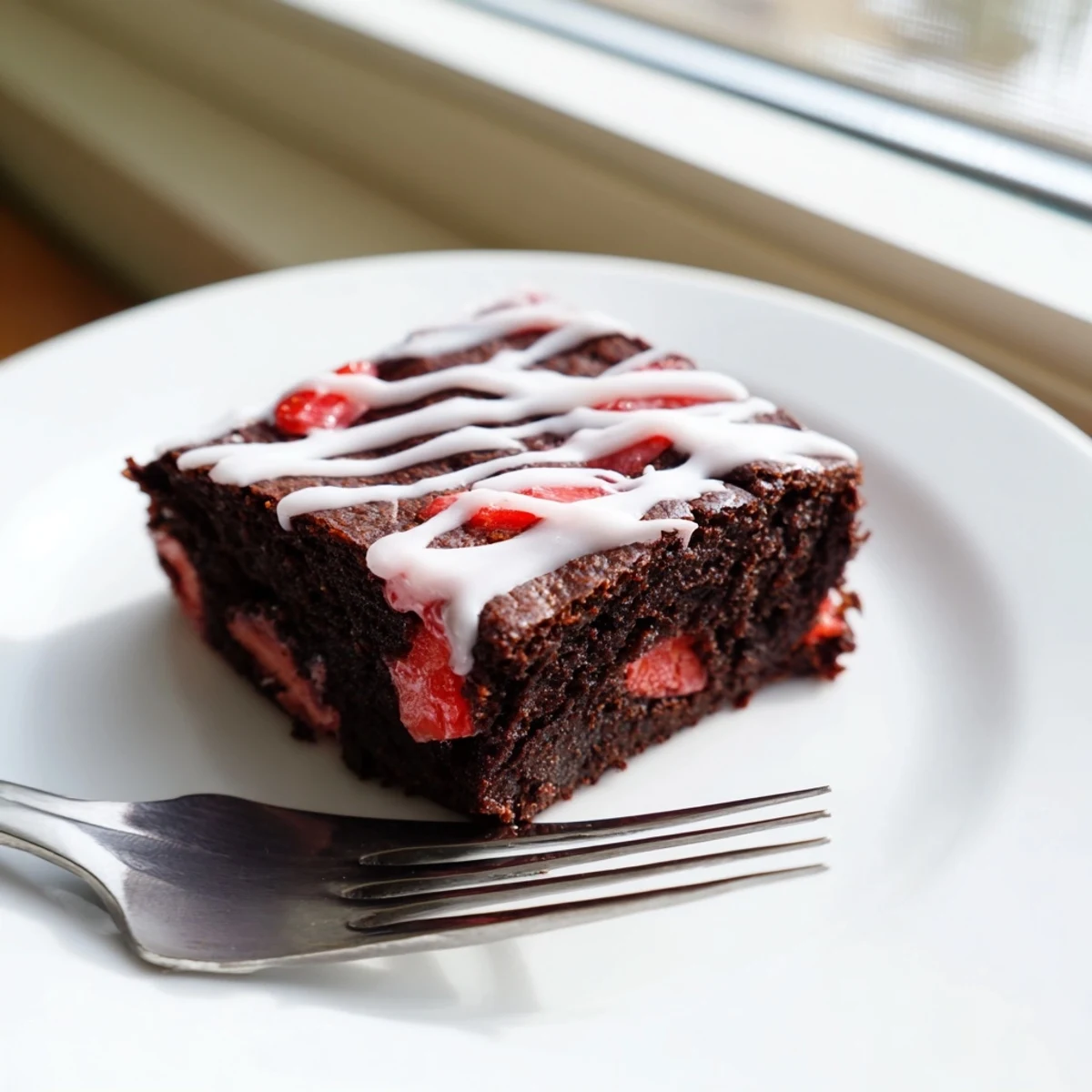 Fudgy homemade easy strawberry brownies studded with fresh diced berries and drizzled with pink strawberry glaze