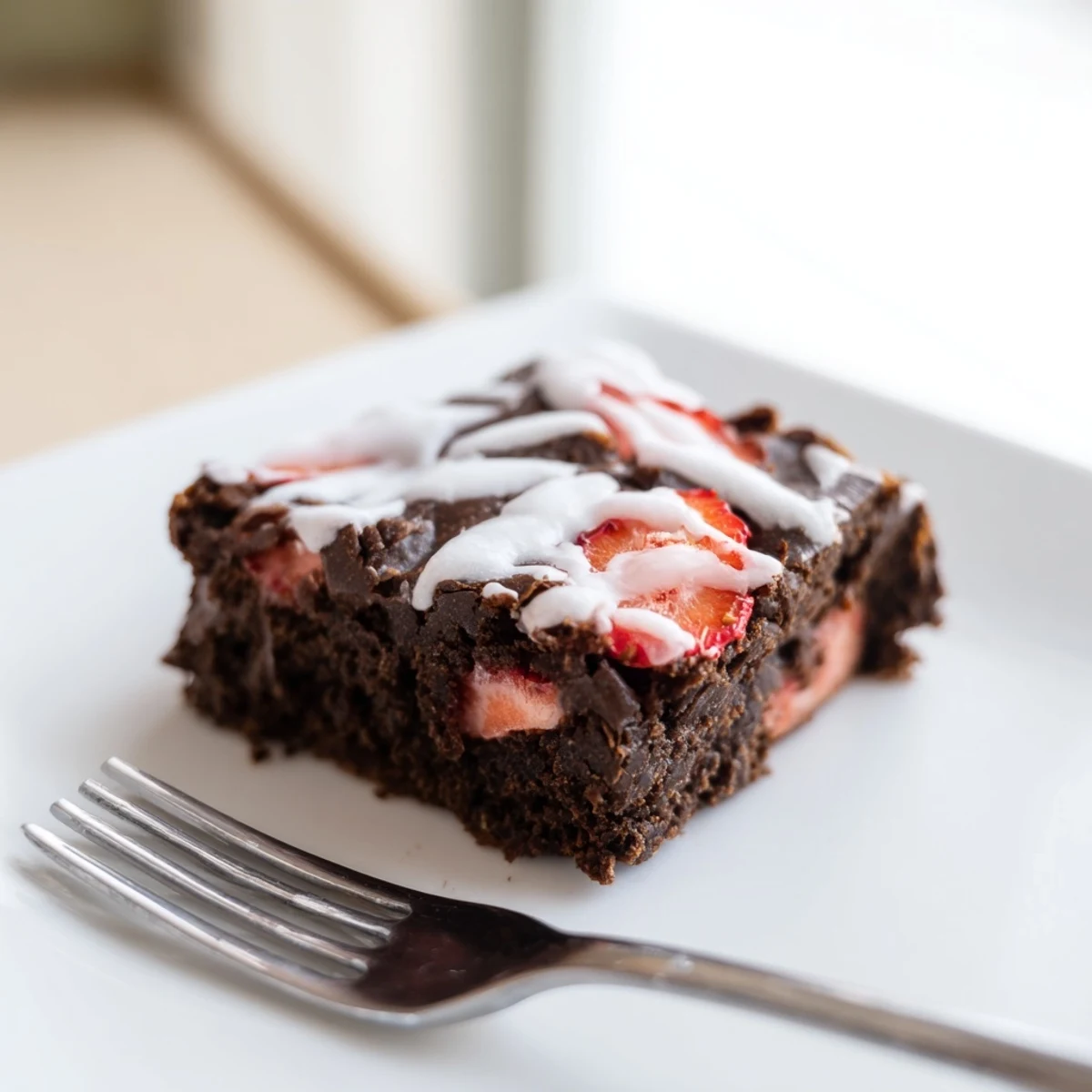 Square slice of chocolate easy strawberry brownies showcasing juicy strawberry pieces and a crackly sugar-topped crust