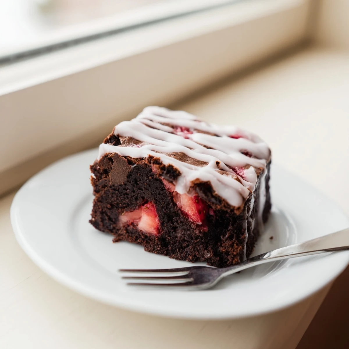 Warm pan of easy strawberry brownies fresh from the oven with golden edges and red berry flecks throughout