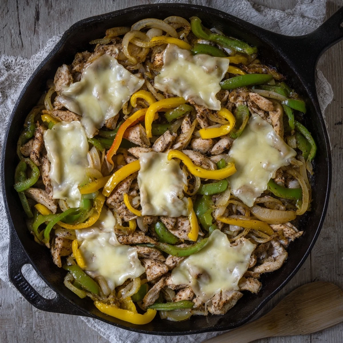 Golden chicken cheesesteak skillet bubbling with melted provolone over sautéed peppers and onions
