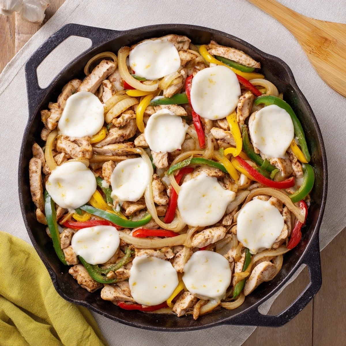 Sizzling chicken cheesesteak skillet with caramelized vegetables, melted provolone, and juicy seasoned chicken strips
