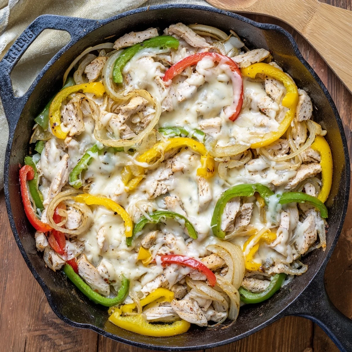 One-pan chicken cheesesteak skillet featuring tender sliced chicken, colorful bell peppers, and gooey cheese