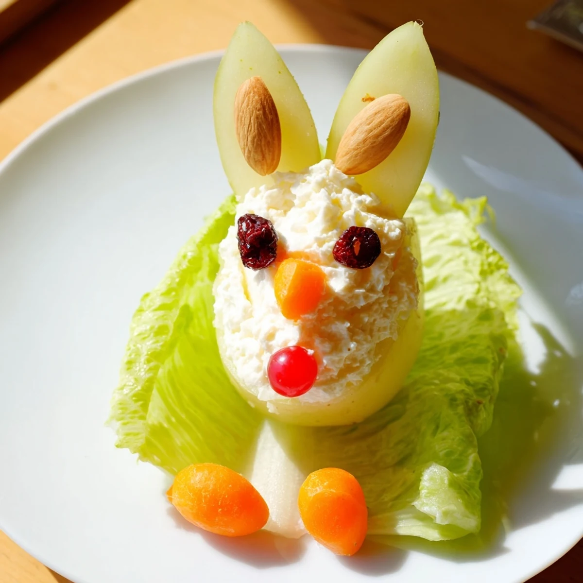 Golden pear bunny salad with cottage cheese tail resting on crisp green lettuce leaf